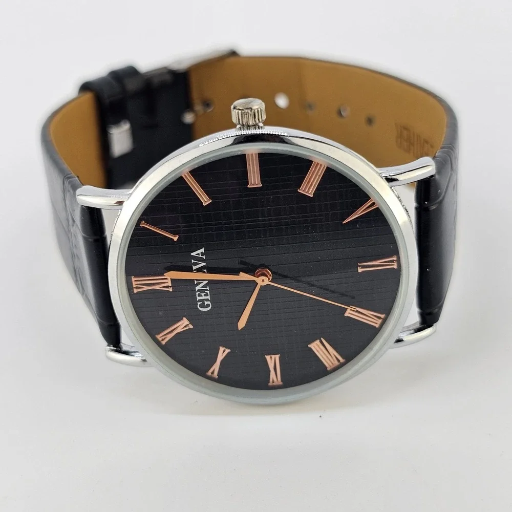 Men's Analog Watch 38MM Black Dial Black Faux Leather Bands New Battery